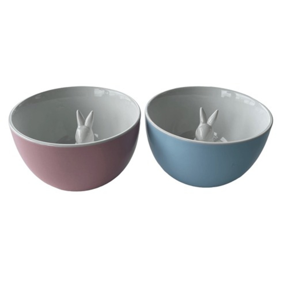 Kcare Kiu Hung Hidden Bunny Rabbit Ceramic‎ Bowls Set of 2 Pink Blue Pastel 5.5"
